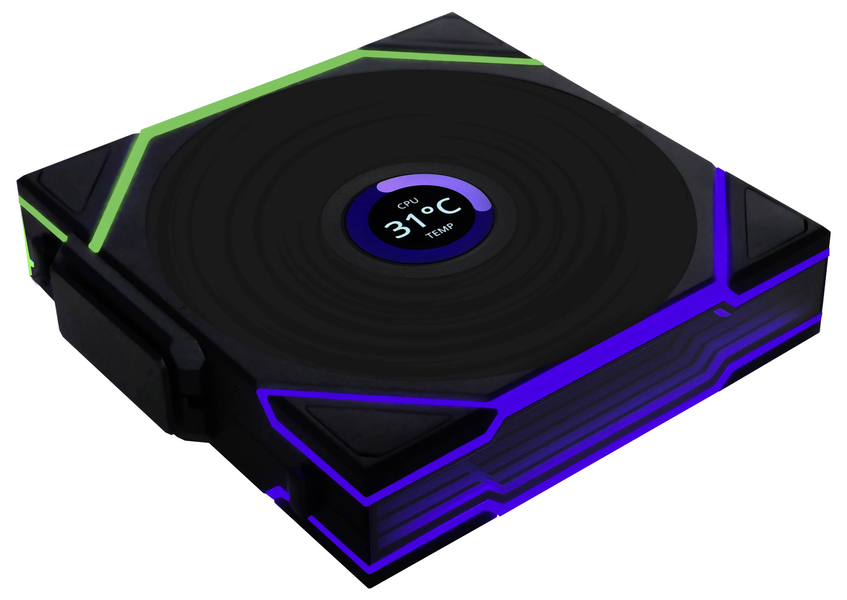 Un dispositif carré avec des lignes vertes et bleues lumineuses, affichant un écran indiquant 'CPU 31°C Temp'.