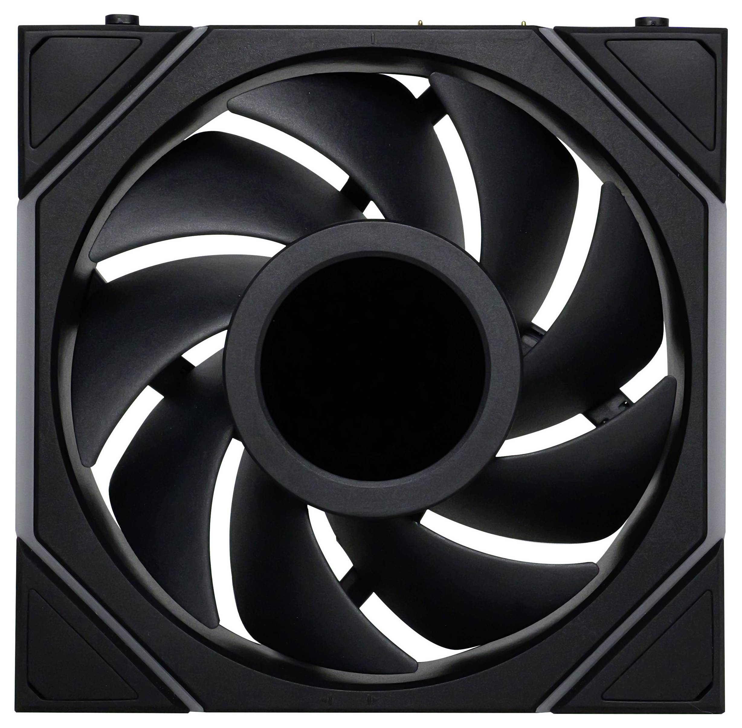 Ventilateur d'ordinateur noir à neuf pales, de forme rectangulaire, monté sur un châssis robuste, utilisé pour le refroidissement dans les ordinateurs et les appareils électroniques.