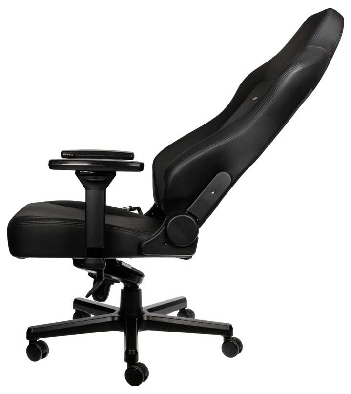 Un fauteuil de bureau noir ergonomique avec accoudoirs et dossier réglables, monté sur roulettes pour une mobilité facile.