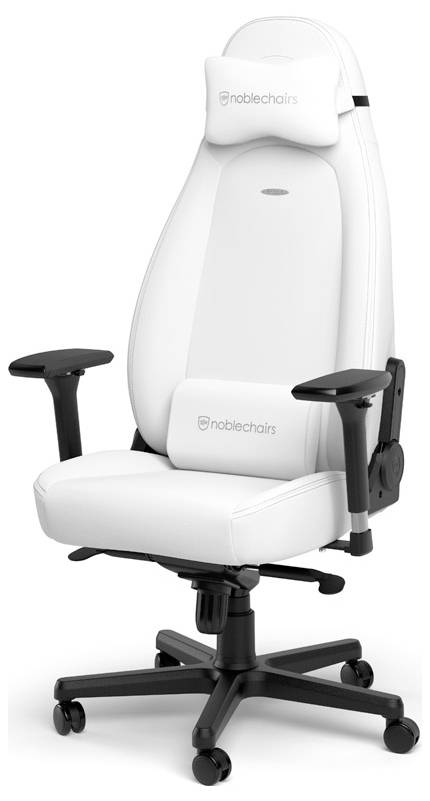 Une chaise de bureau blanche ergonomique avec un appui-tête et un support lombaire, des accoudoirs et un socle pivotant noir. Nom de la marque en haut de l'appui-tête.