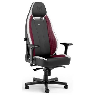 Une chaise de bureau moderne et ergonomique avec des rembourrages noirs et rouge foncé, des accoudoirs réglables et un socle pivotant noir.