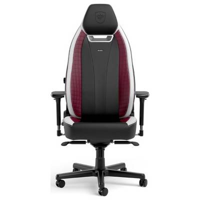 Chaise de gaming noire avec des accents rouges et des accoudoirs réglables, reposant sur un socle roulant à cinq pieds.