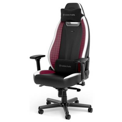 Un fauteuil de gaming ergonomique en noir et bordeaux avec accoudoirs réglables, assise réglable en hauteur et appui-tête supplémentaire.