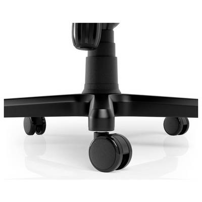 Chaise de bureau noire à cinq roulettes sur un sol brillant, avec le pied de la chaise et sa partie inférieure visibles.