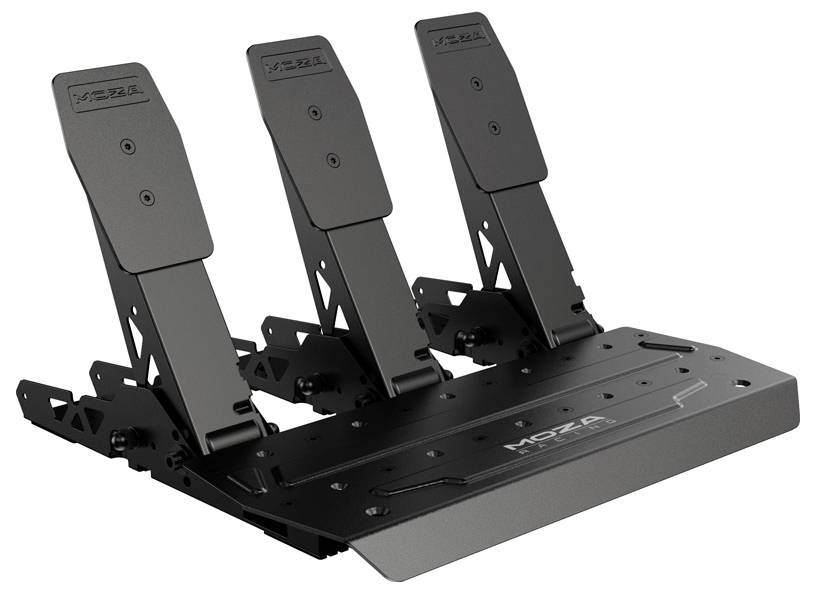 Ensemble de pédales triple en métal, adapté aux simulateurs de course, portant l'inscription 'MOZA', comprenant les pédales d'accélérateur, de frein et d'embrayage.