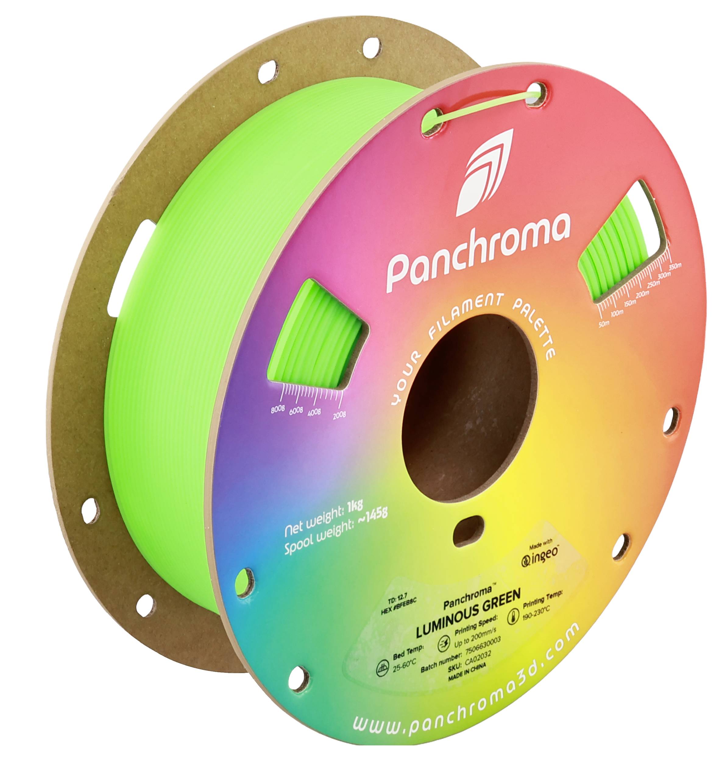 Bobine de filament d'imprimante 3D vert avec emballage arc-en-ciel. Marque : Panchroma. Poids : 1 kg. Type : 'Luminous Green'.