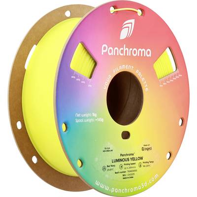 Bobine de filament jaune 'Panchroma Luminous Yellow'. Poids 1 kg, diamètre de filament 1,75 mm. Emballage coloré présentant le logo de la marque et les détails.