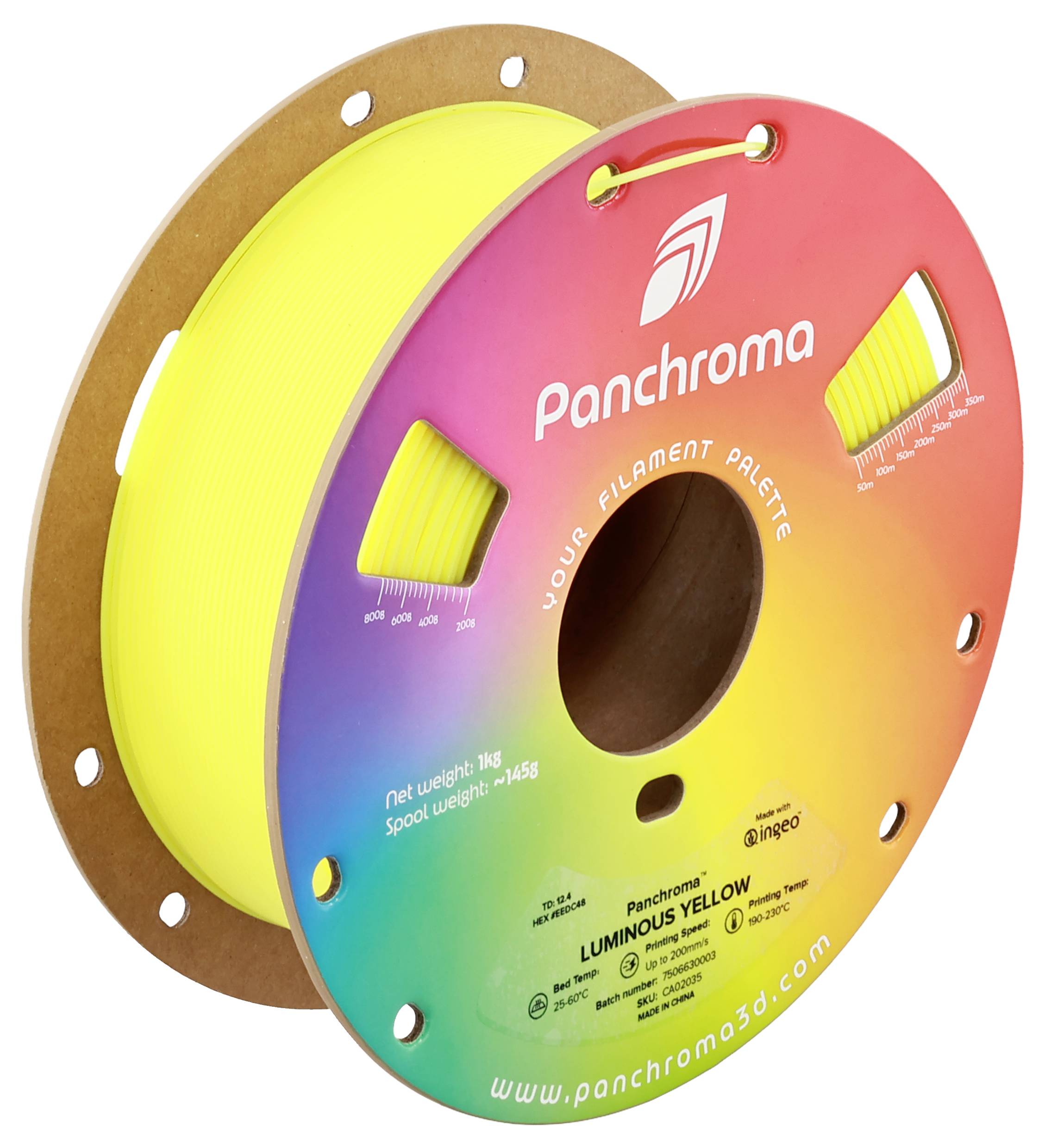 Une bobine colorée avec du filament d'impression 3D jaune lumineux de la marque Panchroma. Texte sur la bobine : 'Luminous Yellow', poids net 1kg.