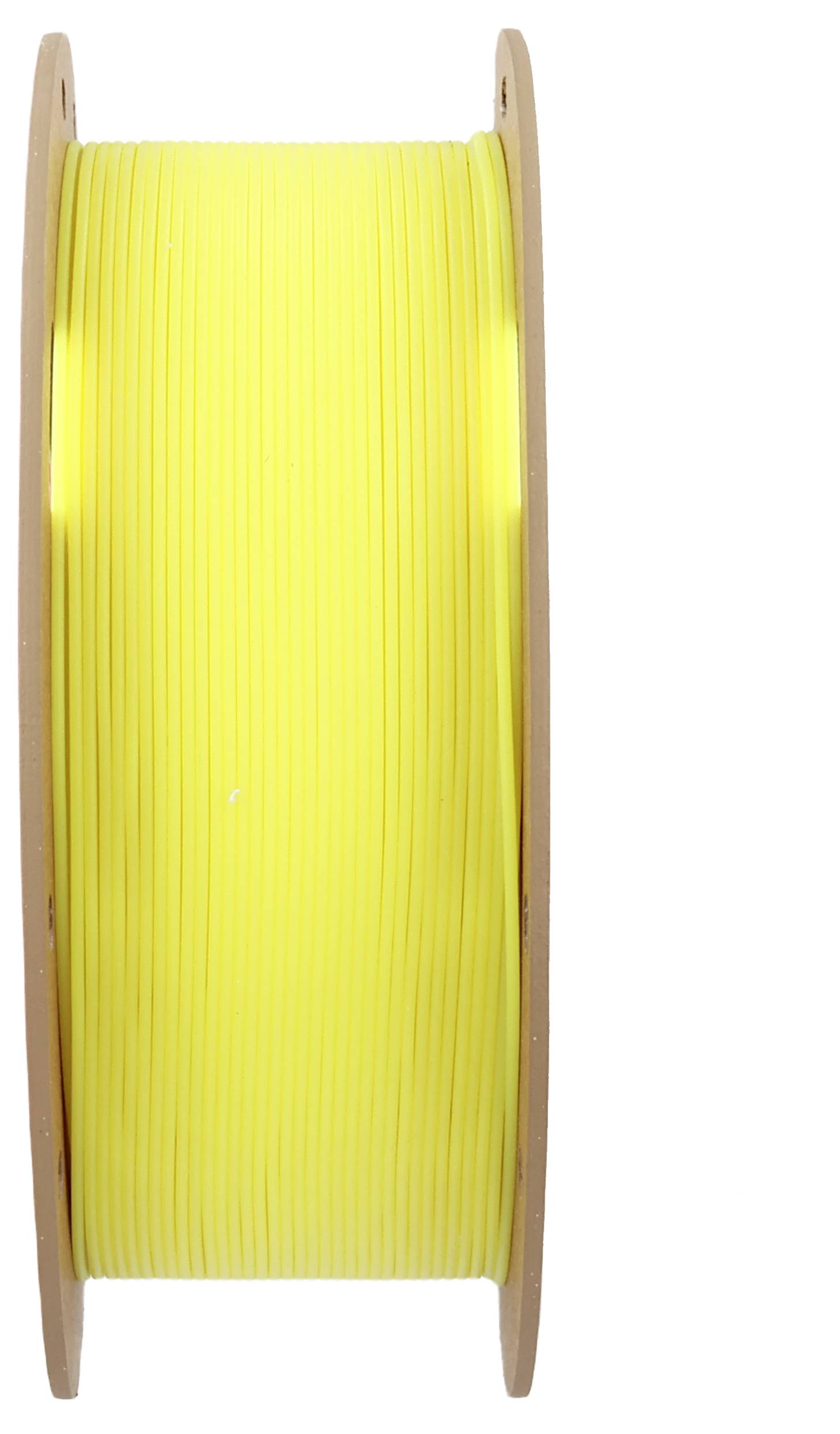 Bobine de filament d'imprimante 3D jaune, positionnée verticalement, montrant l'enroulement lisse et uniforme sur la bobine.