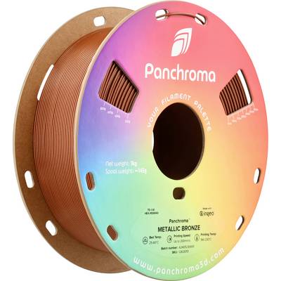 Bobine de filament d'impression 3D couleur bronze, marque "Panchroma", sur un emballage aux couleurs de l'arc-en-ciel. Poids net : 1 kg.