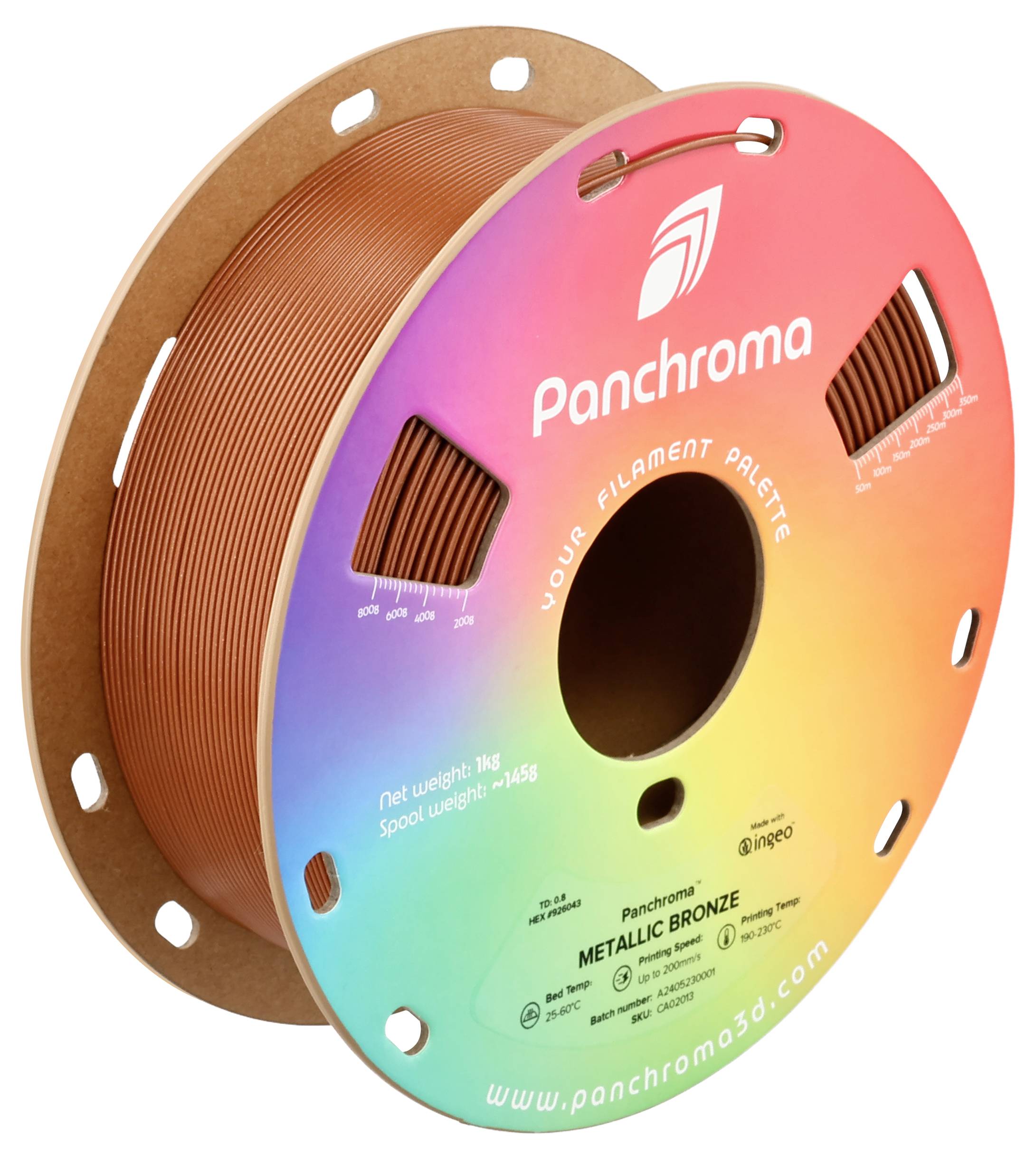 Bobine de filament d'imprimante 3D de couleur bronze métallique, marque 'Panchroma'. Poids 1 kg. Étiquette colorée imprimée avec les détails de l'entreprise.