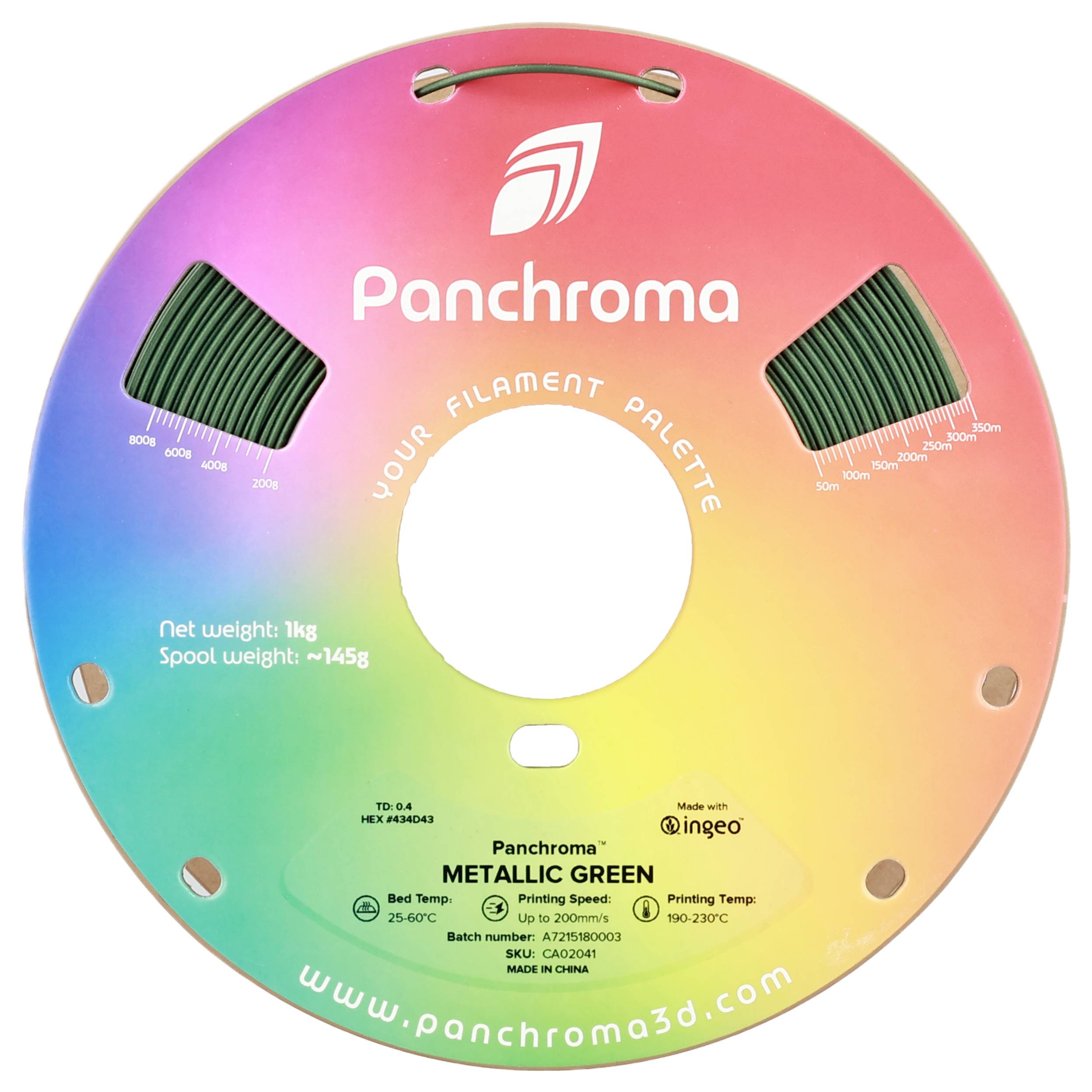 Une bobine ronde avec un dégradé de couleurs changeantes. Inscription : 'Panchroma' et 'YOUR FILAMENT PALETTE'. Indique la longueur du filament en mètres.