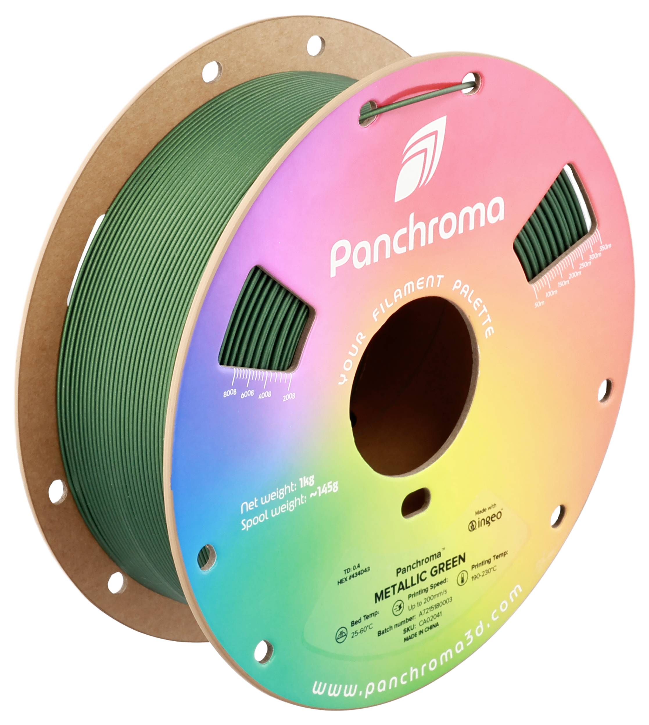 Bobine de filament d'impression 3D vert de la marque Panchroma. L'étiquette indique le poids '1kg' et la couleur 'Metallic Green'.