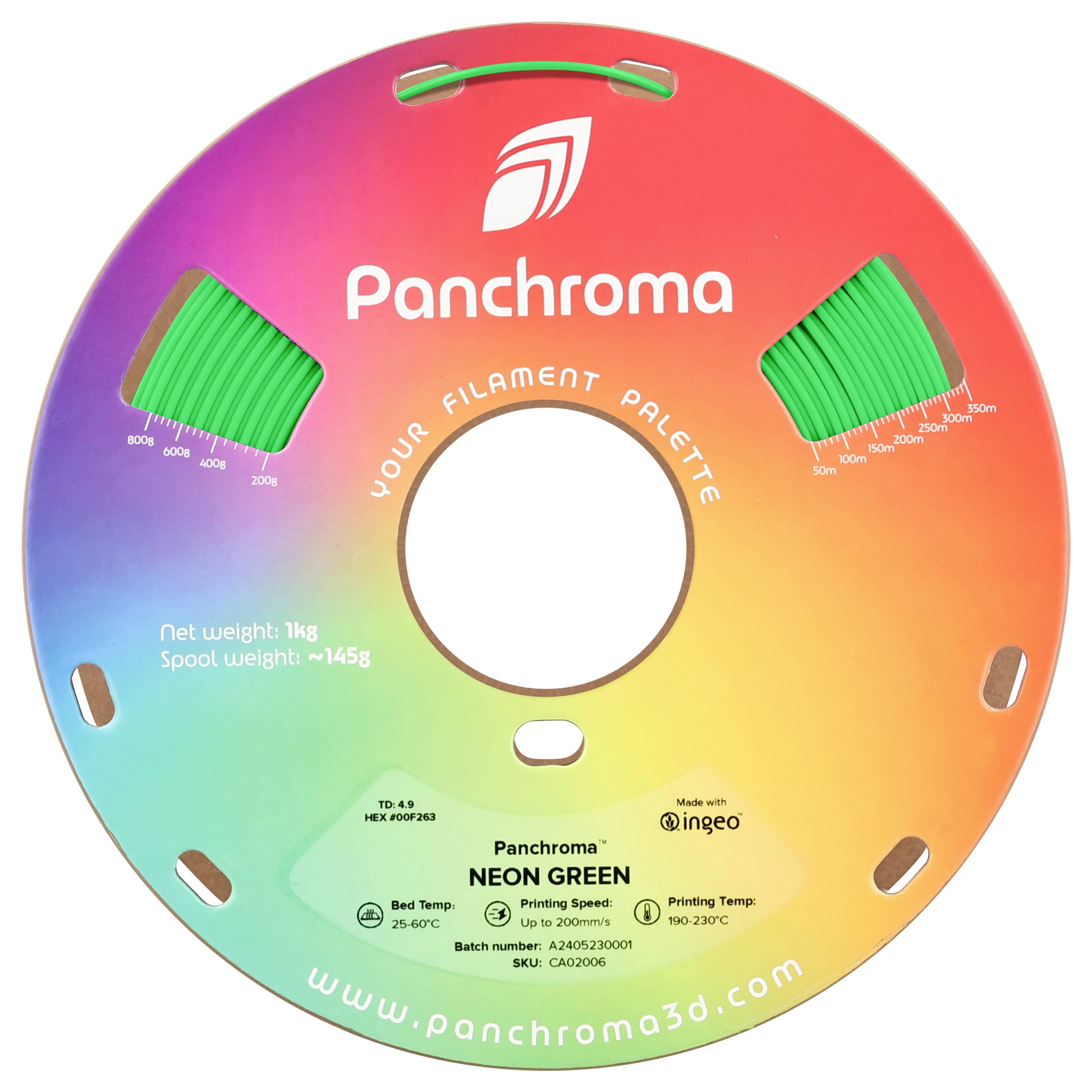 Bobine de filament d'impression 3D aux couleurs arc-en-ciel avec la marque 'Panchroma' et détails sur le poids du filament '1kg' et la couleur 'Vert Néon'.