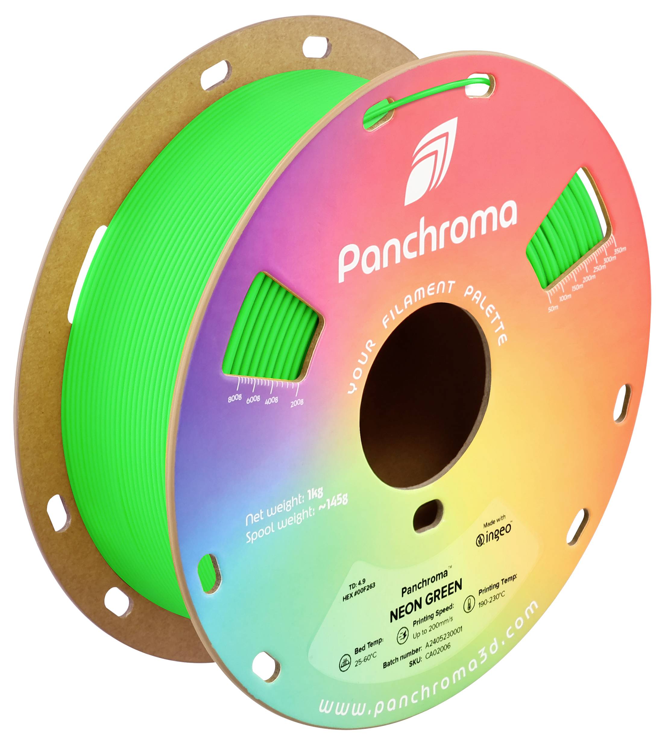 Une bobine de filament d'imprimante 3D vert de Panchroma. L'étiquette indique 'Neon Green', poids net 1 kg, poids de la bobine 145 g.