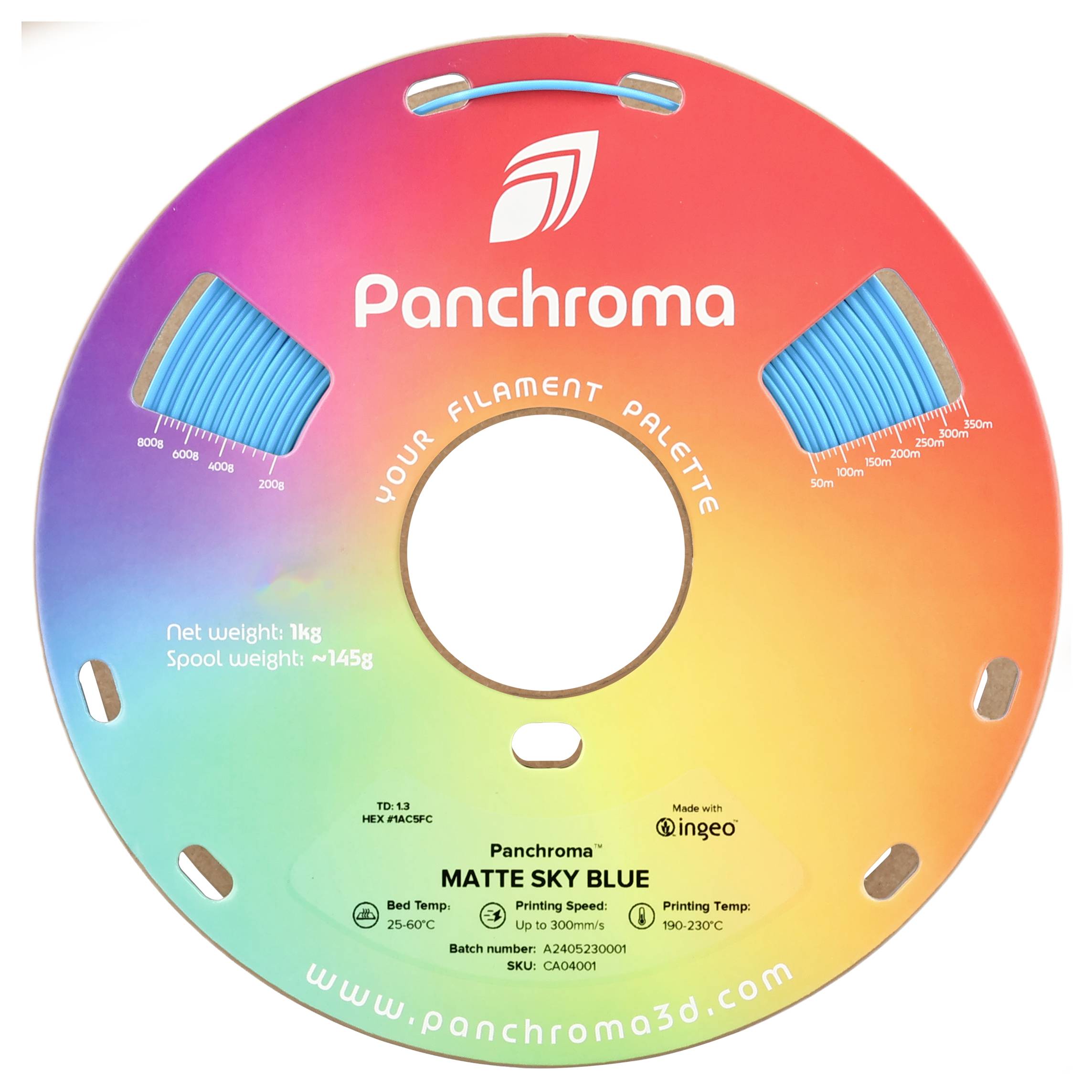 Bobine de matériau d'impression 3D de la marque Panchroma aux couleurs arc-en-ciel. Bleu ciel mat, 1kg. Plage de température : 190-220°C.