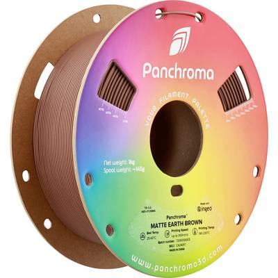 Un rouleau de filament d'imprimante 3D en "Matte Earth Brown" de Panchroma, 1 kg de poids net. Étiquette colorée avec le logo de l'entreprise.