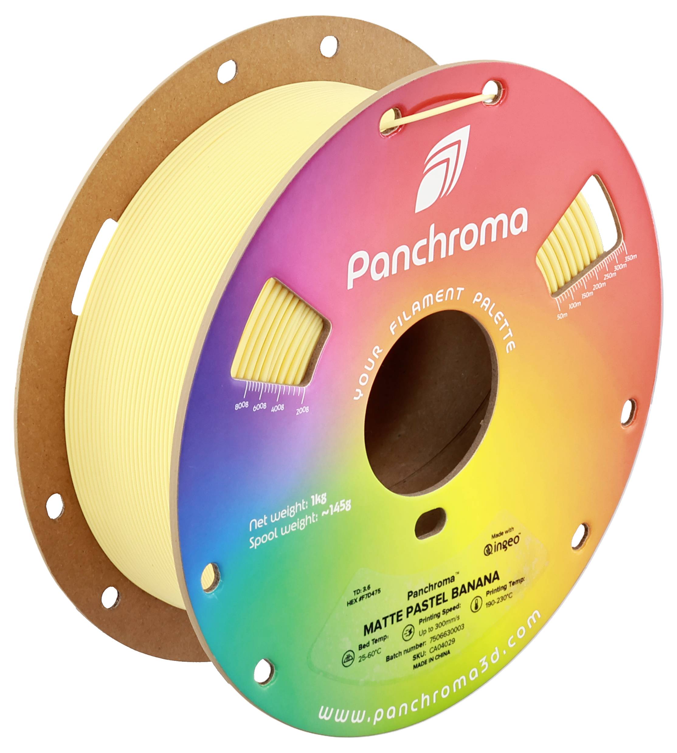 Un rouleau de filament d'imprimante 3D en 'Banane Pastel Mat' de Panchroma, avec emballage arc-en-ciel et indications du poids et du matériau.