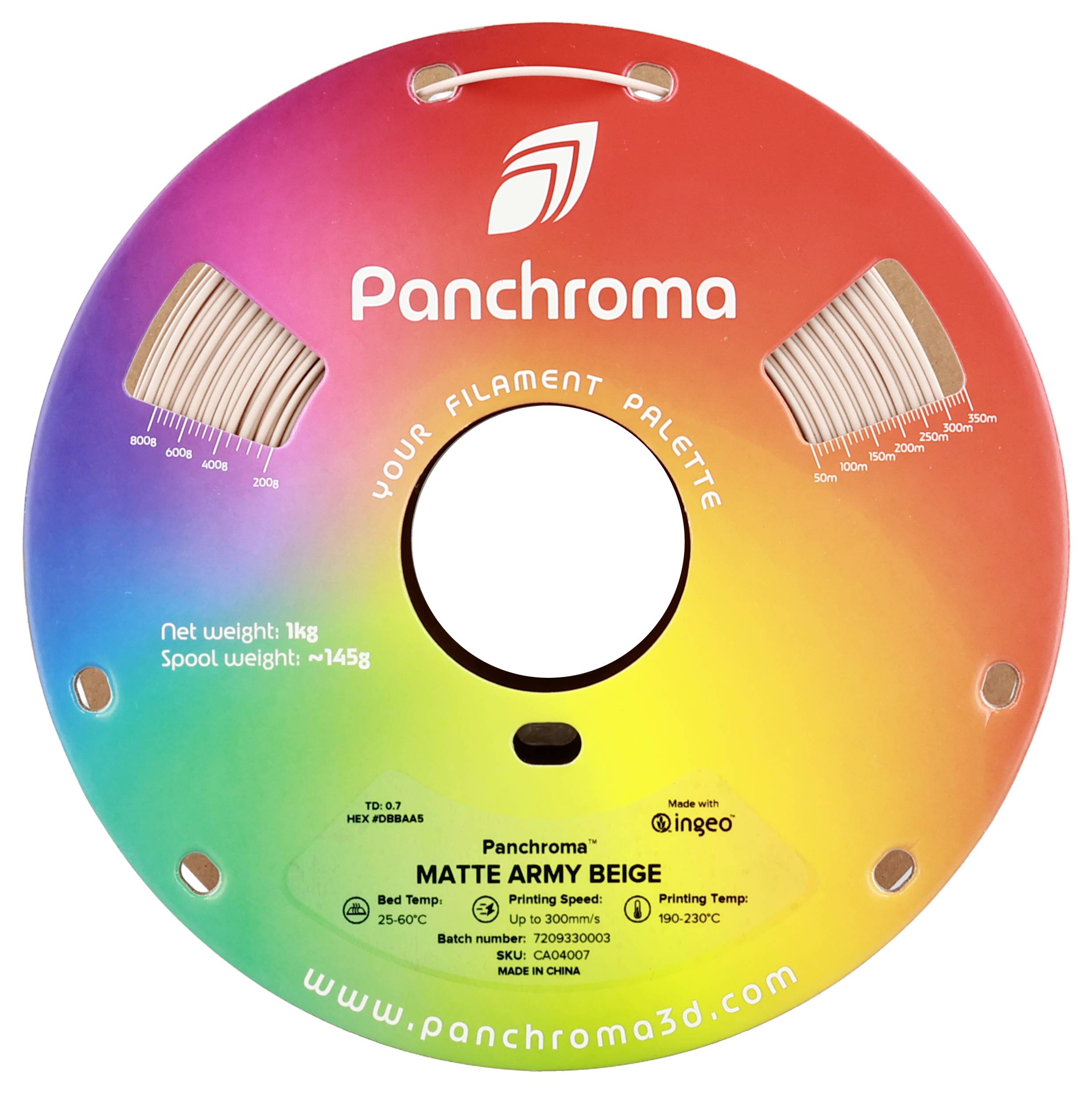 Bobine de filament coloré avec le texte 'Panchroma : Beige Armée Mat', poids 1 kg, température d'impression 190-220°C, plateau 25-60°C, tissu Ingeo.
