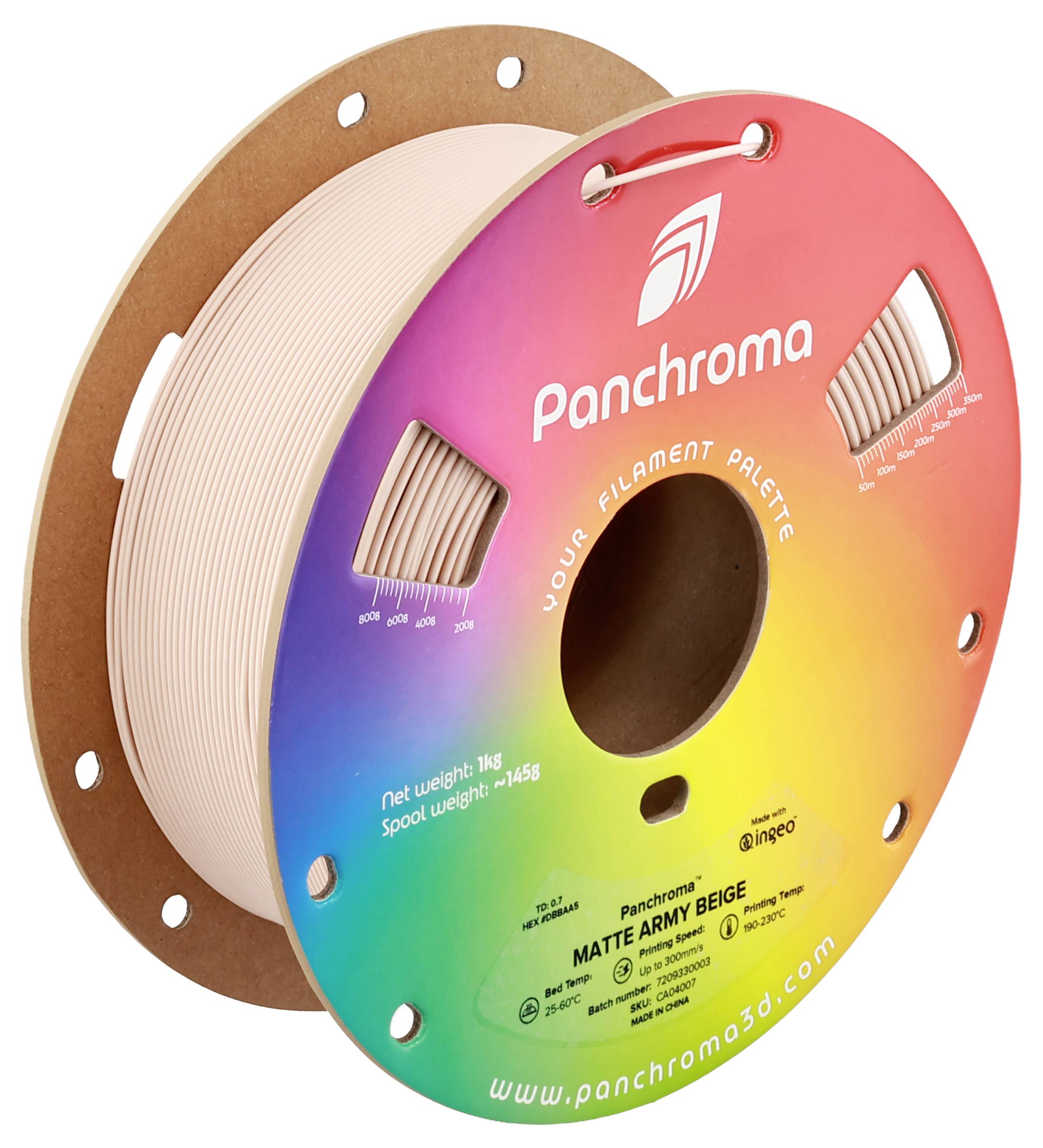 Une bobine de filament d'imprimante 3D colorée de la marque 'Panchroma', couleur 'Beige Armée Mat', poids 1 kg, entourée d'un dégradé arc-en-ciel.