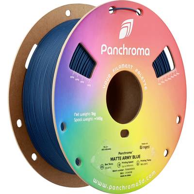 Bobine colorée d'un filament d'impression 3D avec l'inscription 'Panchroma', conçue dans un motif arc-en-ciel. Le fil du filament est bleu foncé.