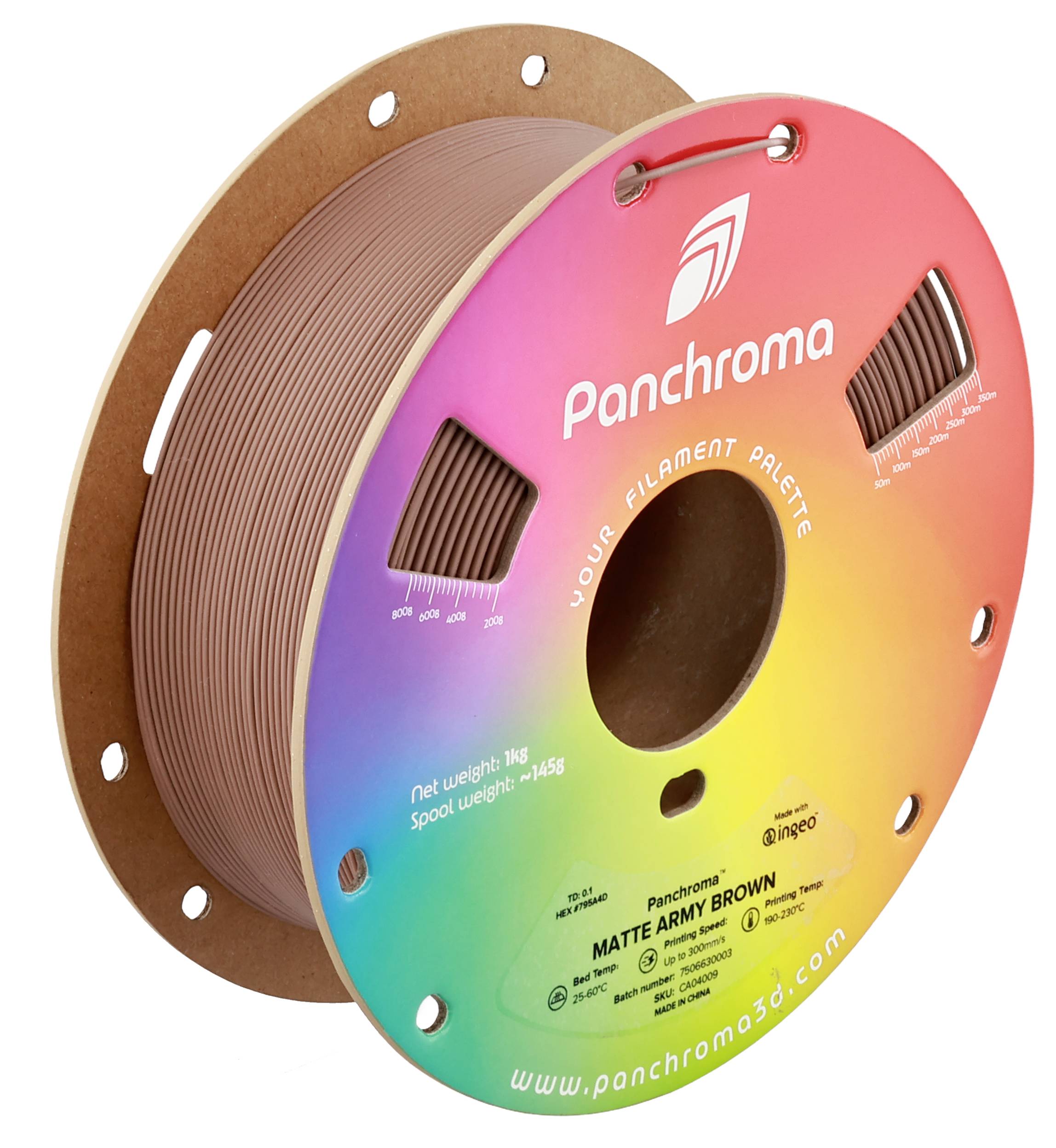 Une bobine de filament d'imprimante 3D marron de la marque Panchroma. Sur l'emballage sont représentés des dégradés de couleurs et les détails du produit.