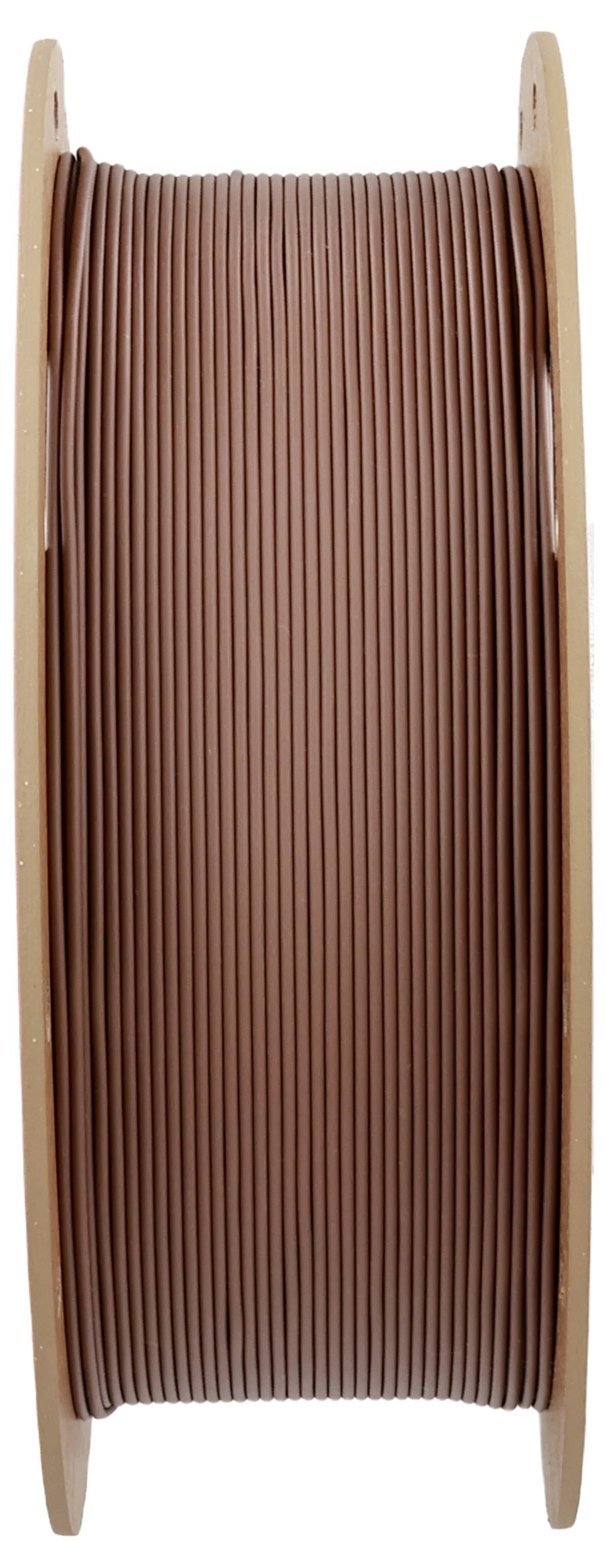 Une bobine avec un fil marron, enroulé entre deux disques ronds.