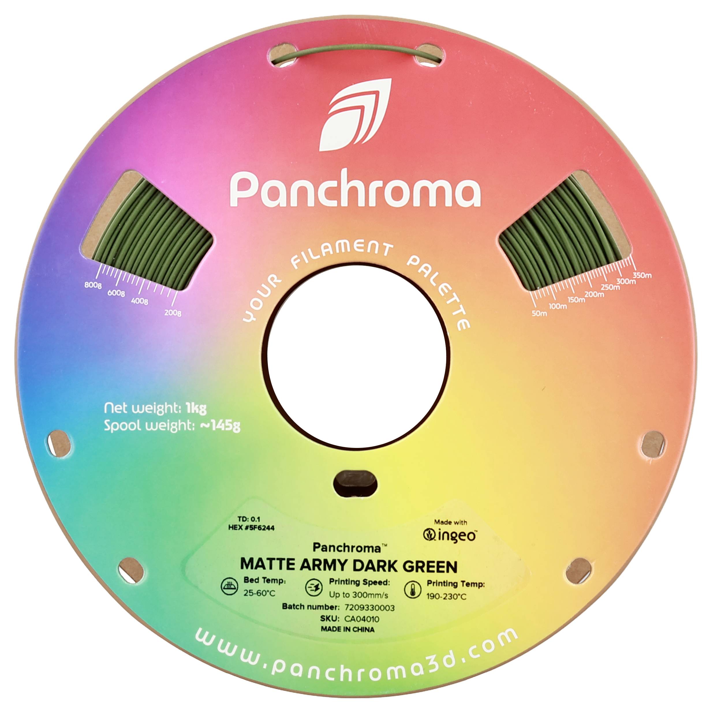 L'illustration montre une bobine de filament 'Panchroma' aux couleurs arc-en-ciel. Le filament est 'Matte Army Dark Green', pesant 1 kg.