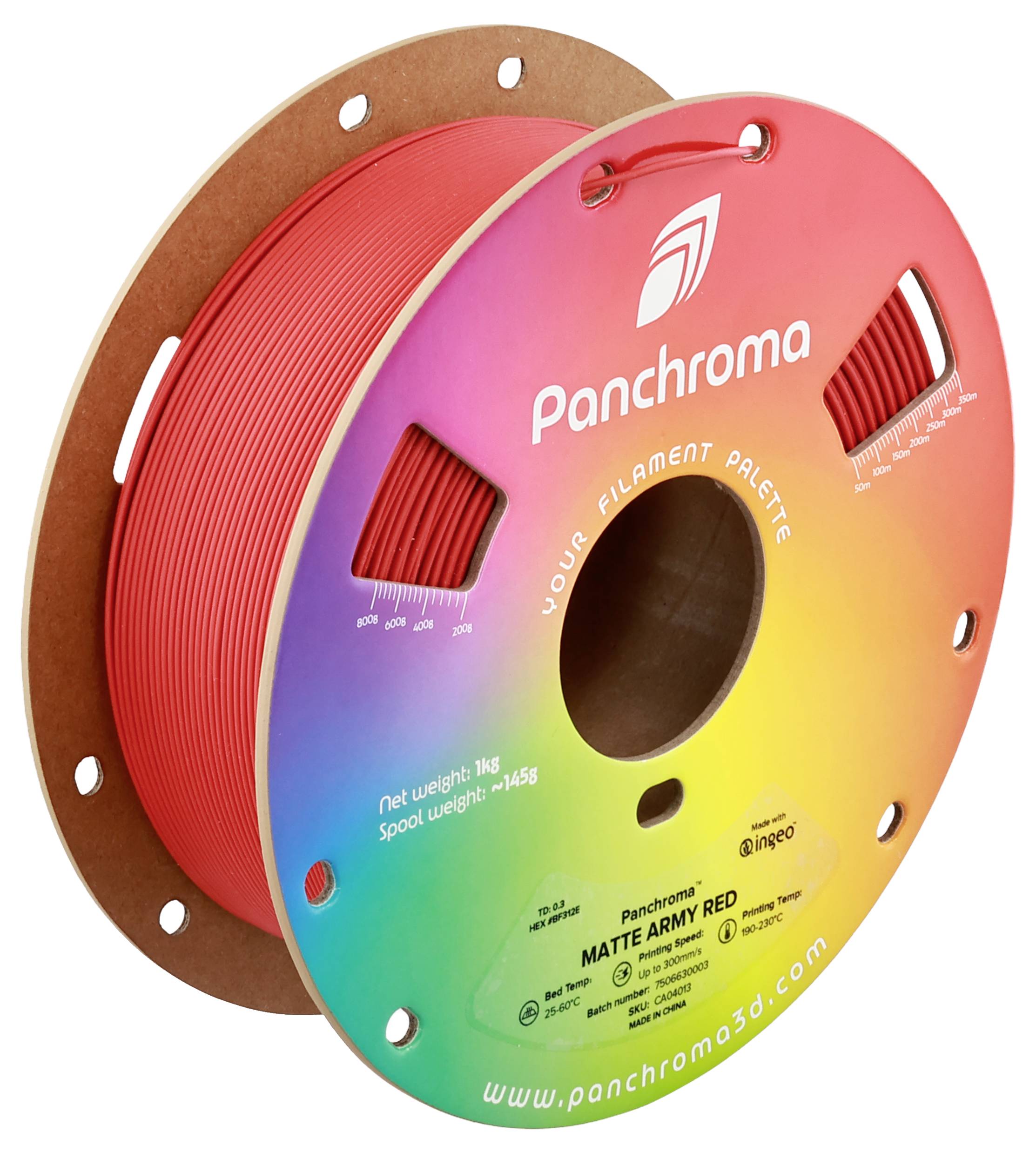 Une bobine de filament d'imprimante 3D rouge de Panchroma, mate, d'un poids de 1 kg. L'emballage présente un design arc-en-ciel.