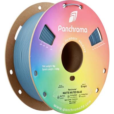 Une bobine de filament pour imprimante 3D en bleu, étiquetée 'Panchroma Matte Muted Blue', pèse 1 kg.