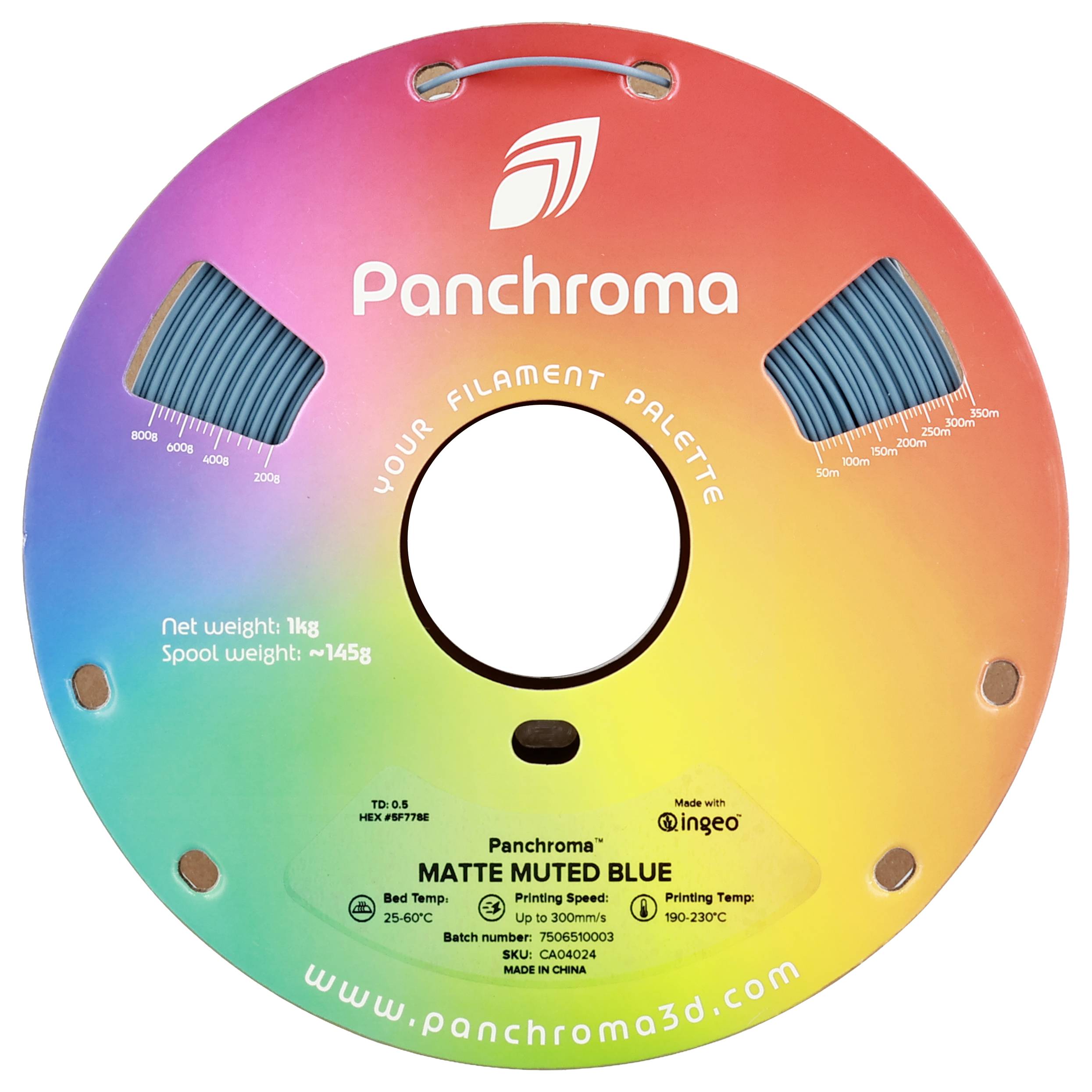 Un emballage coloré et rond d'une bobine de filament pour imprimante 3D avec l'inscription 'Panchroma' et les spécifications du filament.