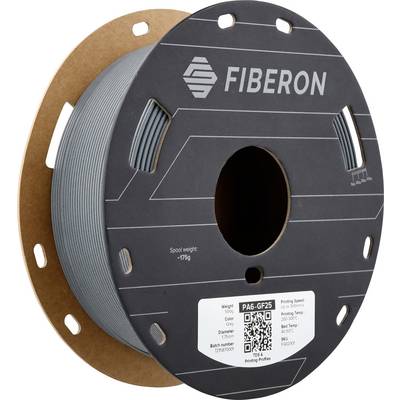 Bobine de filament gris de 'FIBERON', adaptée aux imprimantes 3D. Contient des informations techniques et un code QR sur la bobine.