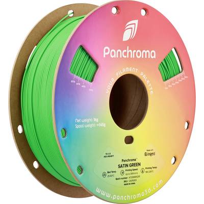 Bobine ronde avec filament d'impression 3D vert 'Panchroma Satin Green', 1 kg, sur emballage coloré, affichant les informations de température et de poids.
