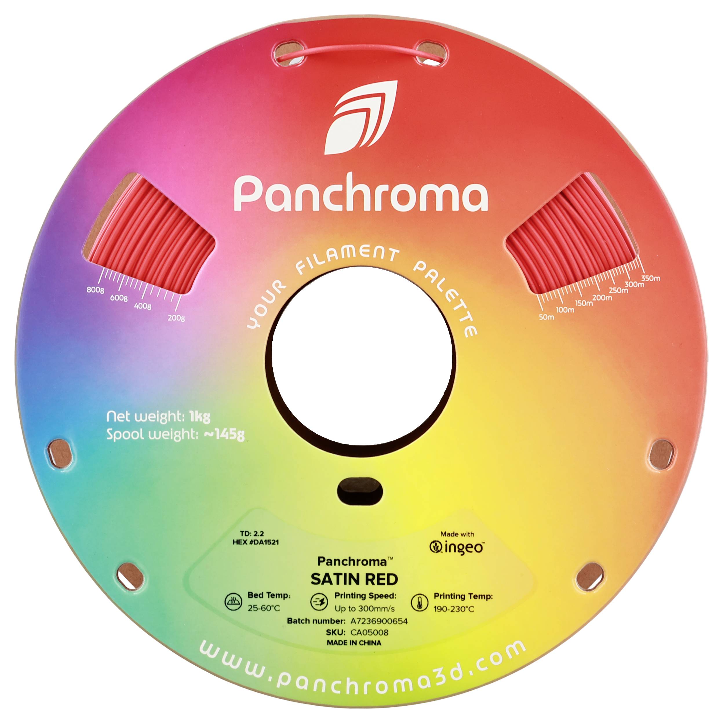Bobine de filament panchrome aux couleurs arc-en-ciel, inscription : Votre palette de filaments, poids net 1kg, température d'impression 190-230°C.