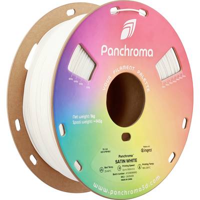 Une bobine de filament avec du matériau d'impression 3D blanc, marque Panchroma. L'emballage montre un dégradé de couleurs. Poids : 1 kg, poids net : 145 g.