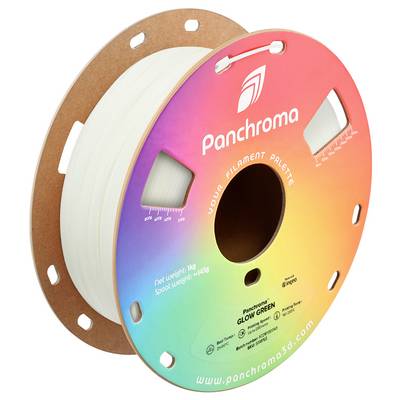 Une bobine de filament Panchroma Glow Green pour impression 3D, avec étiquette arc-en-ciel et informations du fabricant.