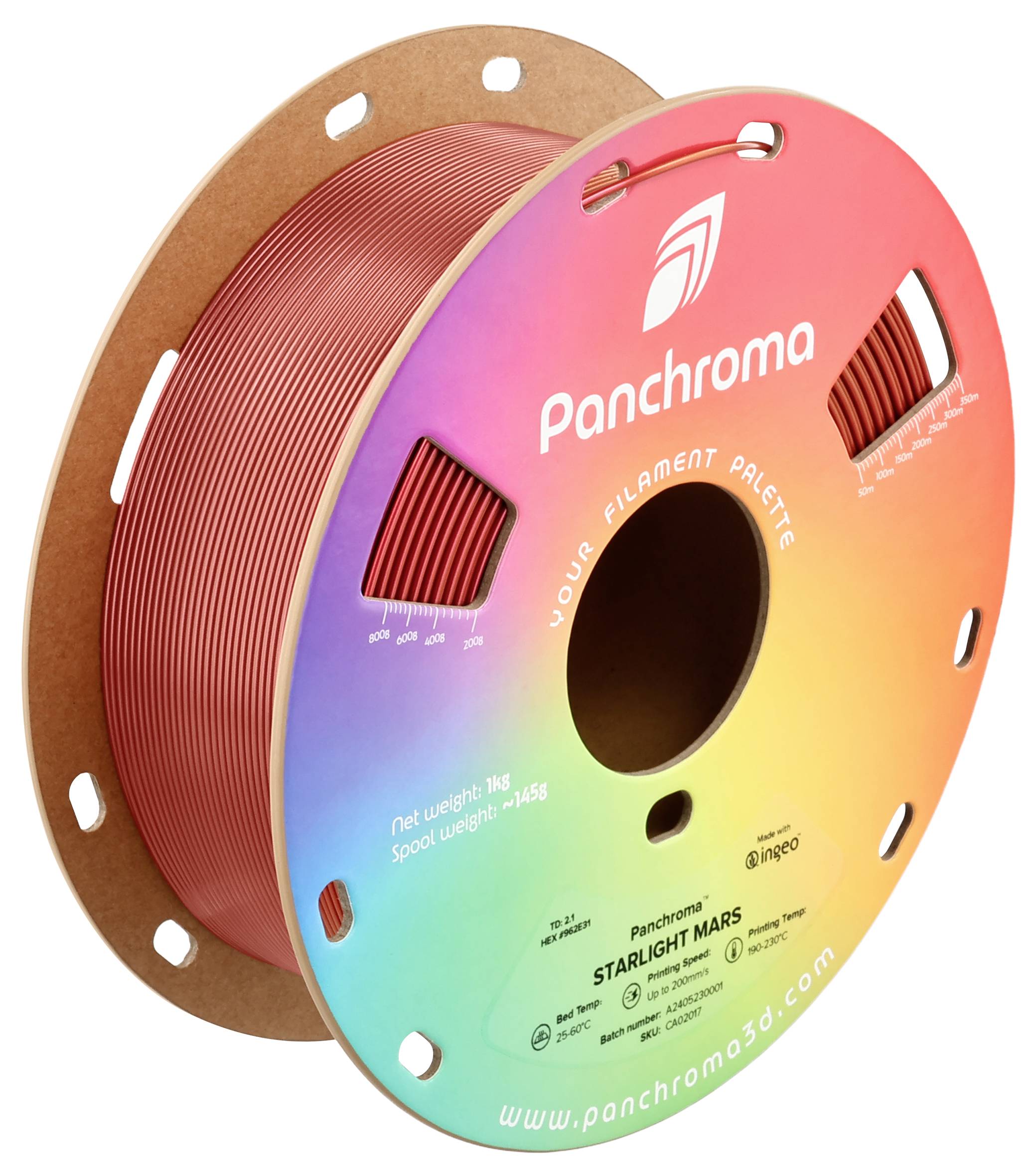 Bobine de filament pour imprimante 3D 'Panchroma', rouge, avec effet arc-en-ciel. Inscription : 'Starlight Mars'. Poids : 1kg. Site web : panchroma3d.com.