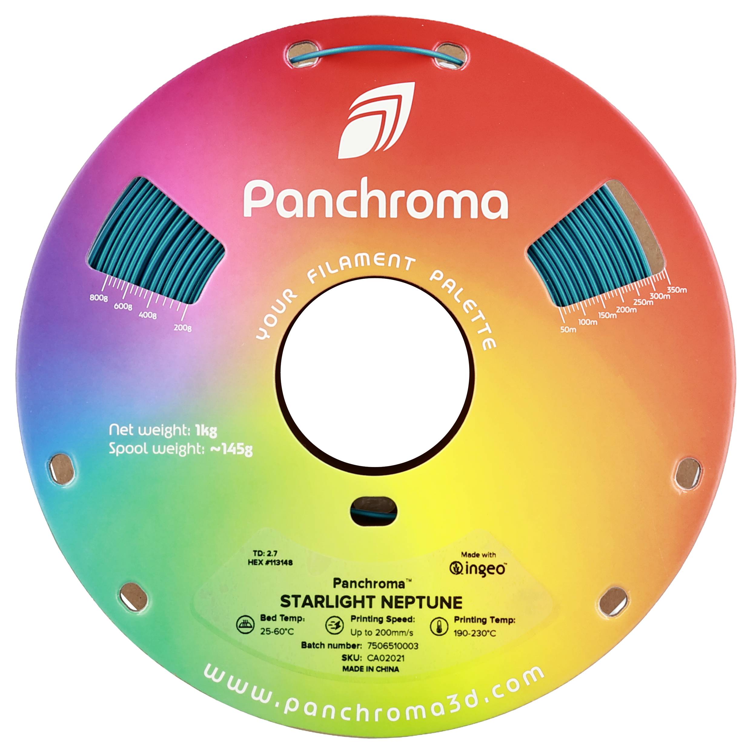 Une bobine en plastique ronde avec un dégradé de couleur du rouge au bleu, bobines dessinées sur les côtés. Marquage : 'Panchroma Starlight Neptune'.