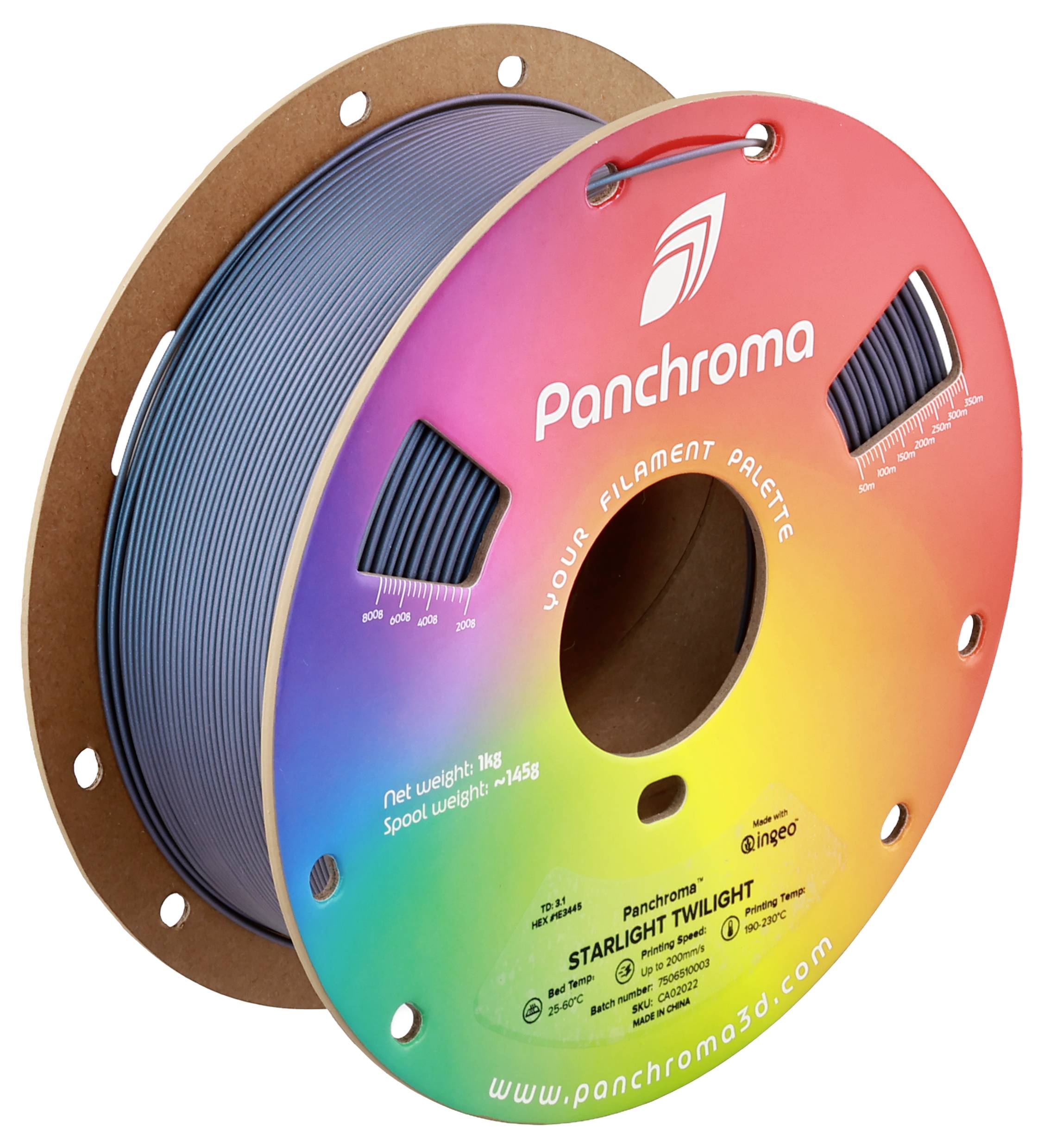 Bobine de filament d'impression 3D aux couleurs arc-en-ciel de Panchroma, modèle 'Starlight Twilight', poids net 1 kg, poids de la bobine 145 g.