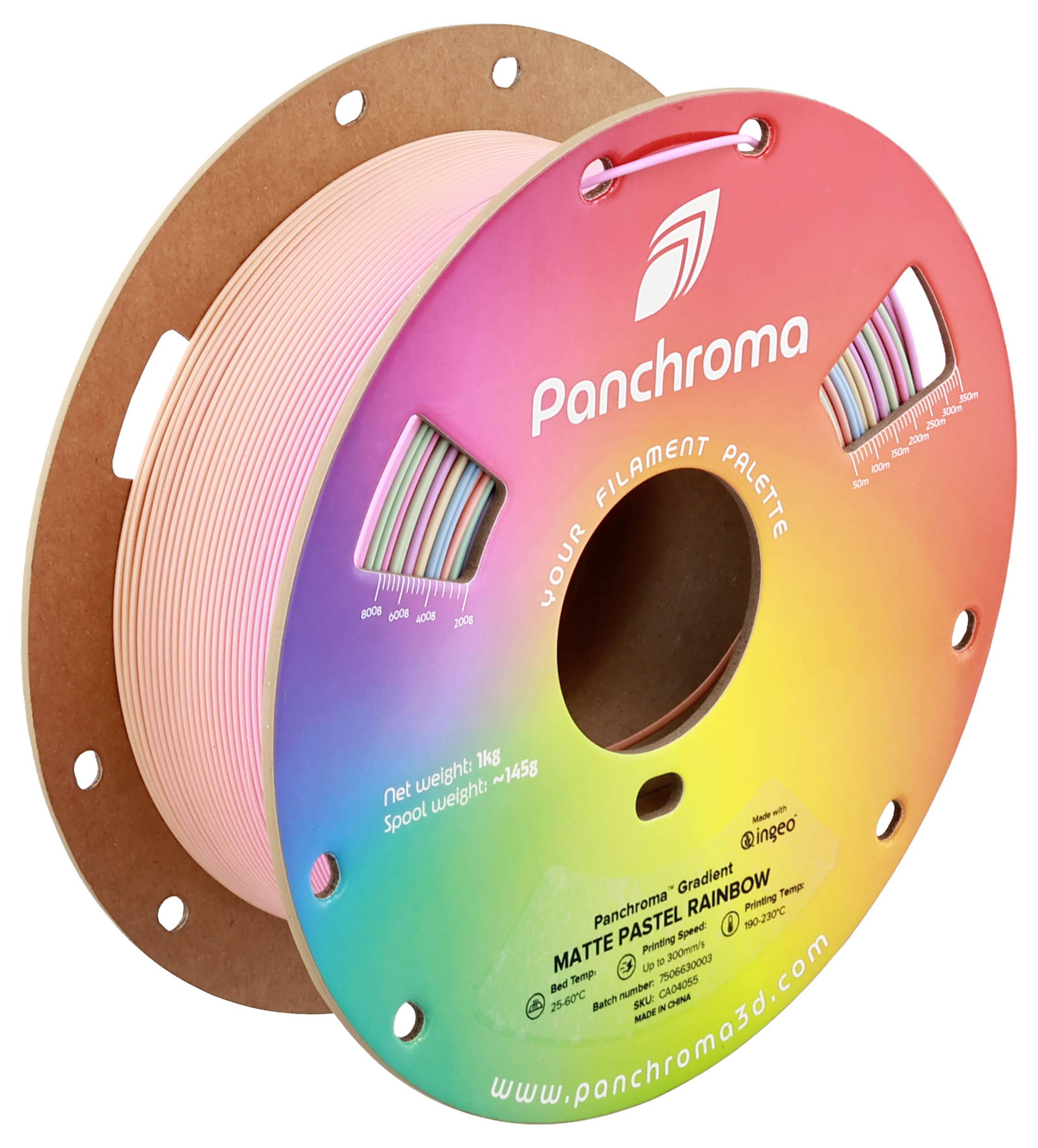 Bobine de filament d'impression 3D multicolore en tons pastel, avec l'inscription 'Panchroma'.