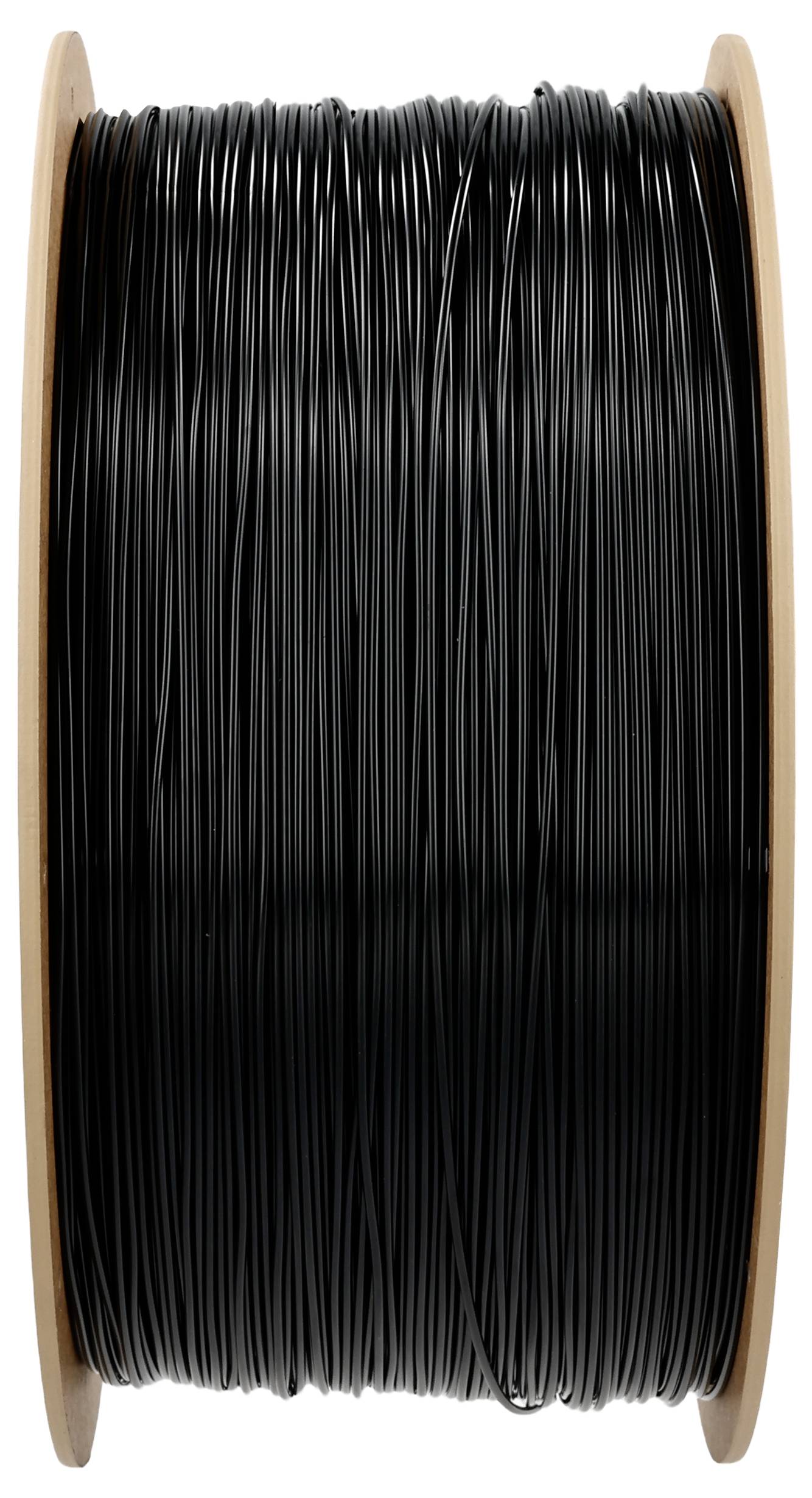 Bobine de fil plastique noir, enroulée sur une bobine en bois, vue verticale. Couramment utilisée pour les imprimantes 3D.