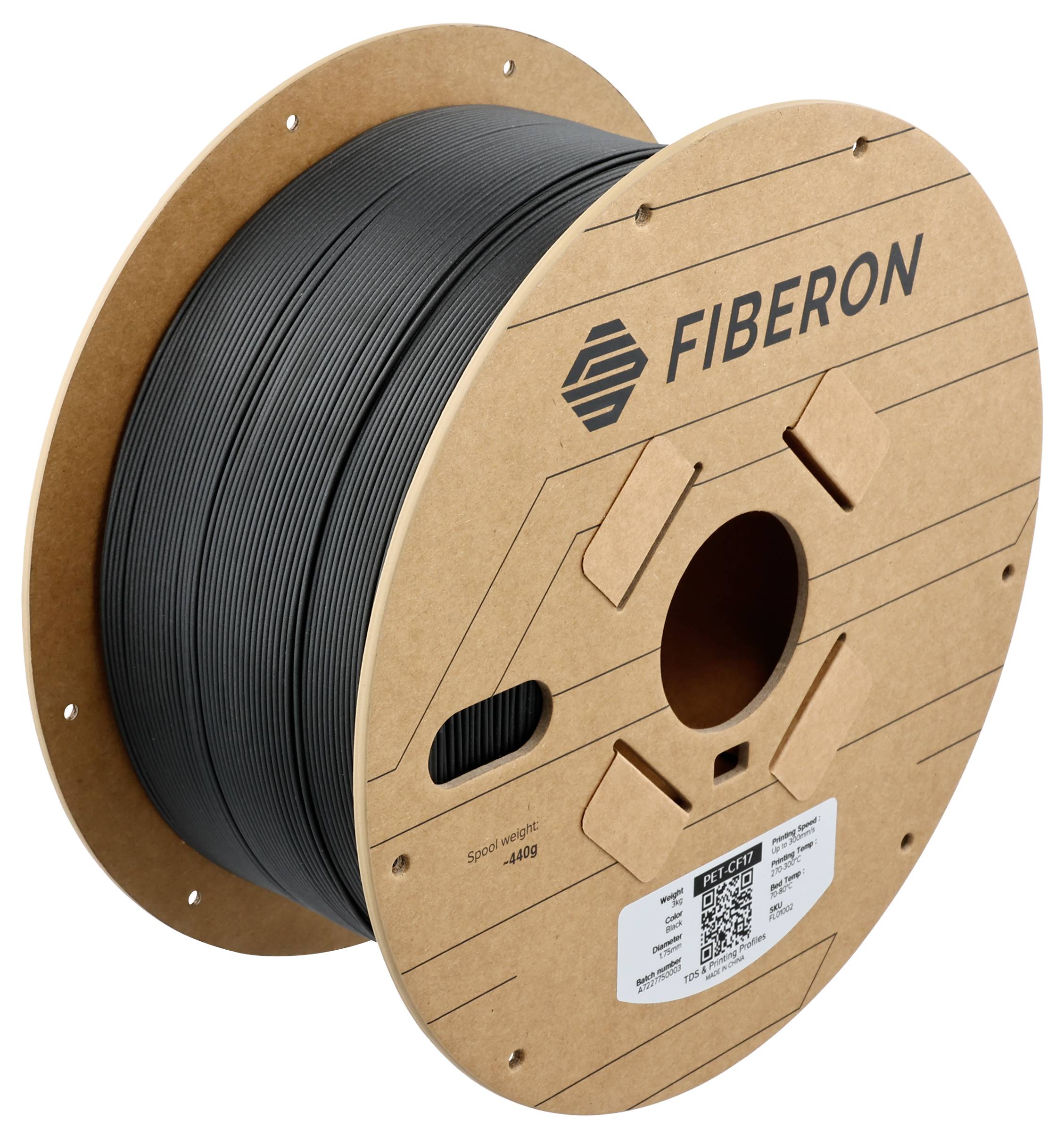 Une bobine avec filament noir de la marque 'FIBERON' en carton, adaptée à l'impression 3D, avec indication de poids de 450g et code QR.