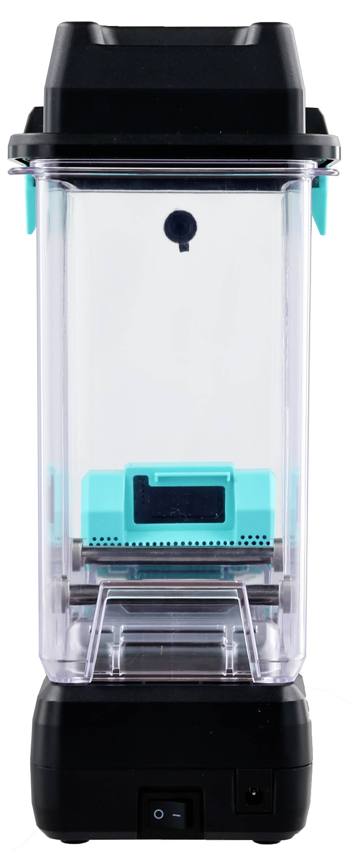 Un récipient rectangulaire transparent avec un couvercle et une base noirs, contenant un compartiment turquoise à l'intérieur.