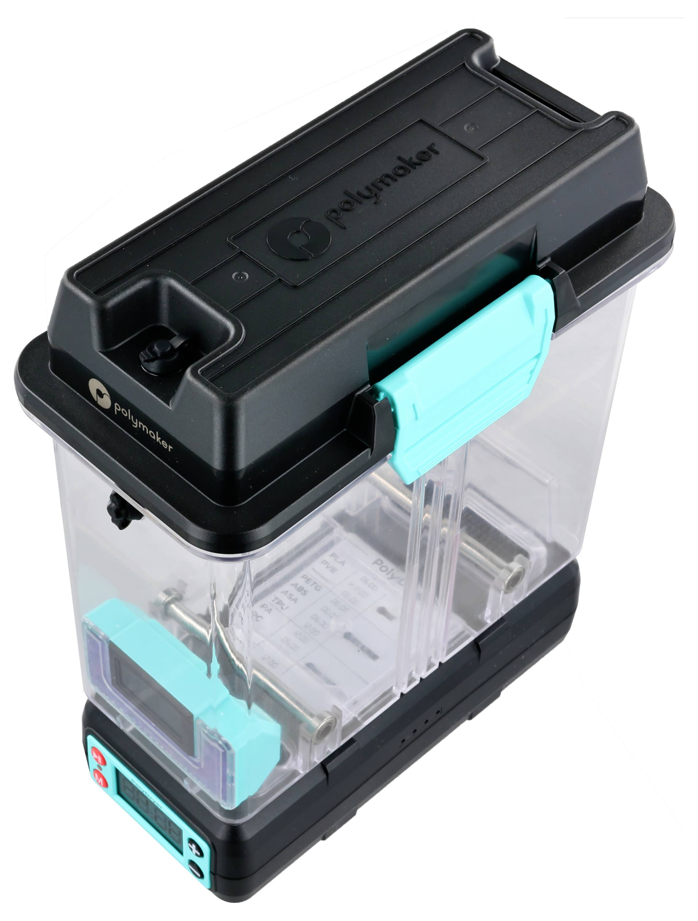Un récipient en plastique transparent avec un couvercle noir et turquoise, adapté au stockage des filaments d'impression 3D.