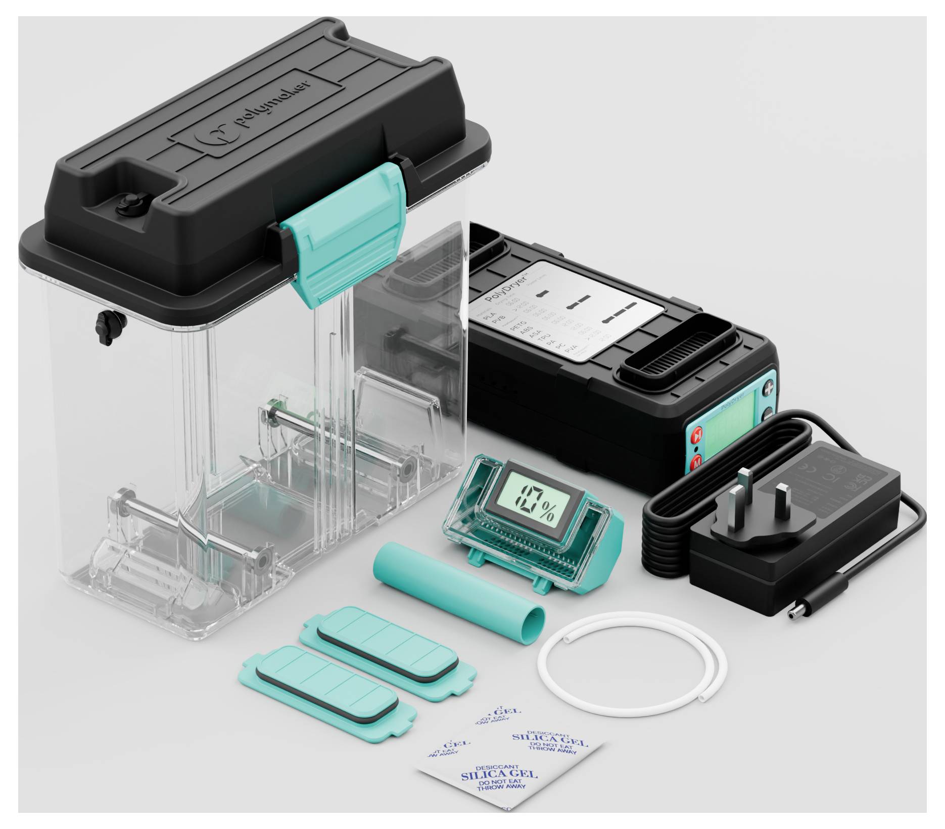 Un appareil de laboratoire portable et transparent avec écran numérique, chargeur, câbles et accessoires, présenté sur fond blanc.