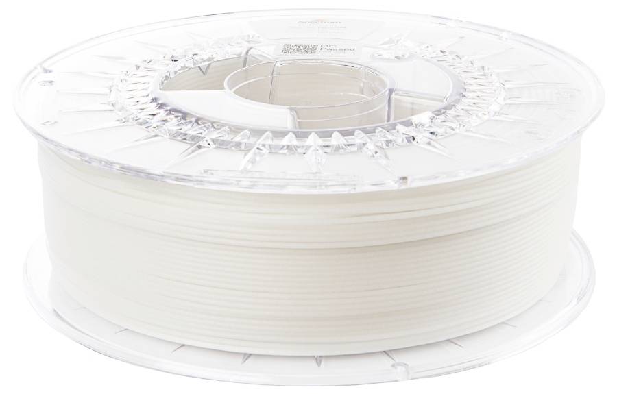 Une bobine transparente avec du filament blanc pour imprimante 3D, photographiée de profil.