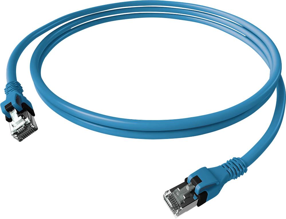 Un câble Ethernet bleu avec deux connecteurs RJ-45 aux extrémités, utilisé pour la connexion d'équipements réseau.
