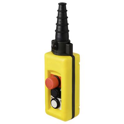 Un interrupteur de commande industriel jaune avec un protège-câble noir, doté d'un grand bouton rouge et de deux boutons plus petits, l'un noir et l'autre blanc.