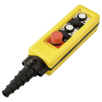 Un panneau de commande industriel portable jaune équipé d'un bouton d'arrêt d'urgence rouge et de quatre boutons noirs pour le pilotage de la machine.