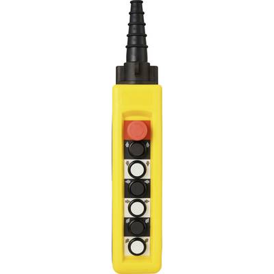 Un panneau de commande industriel jaune avec six boutons noirs et un bouton d'arrêt d'urgence rouge situé en dessous d'un câble noir spiralé.